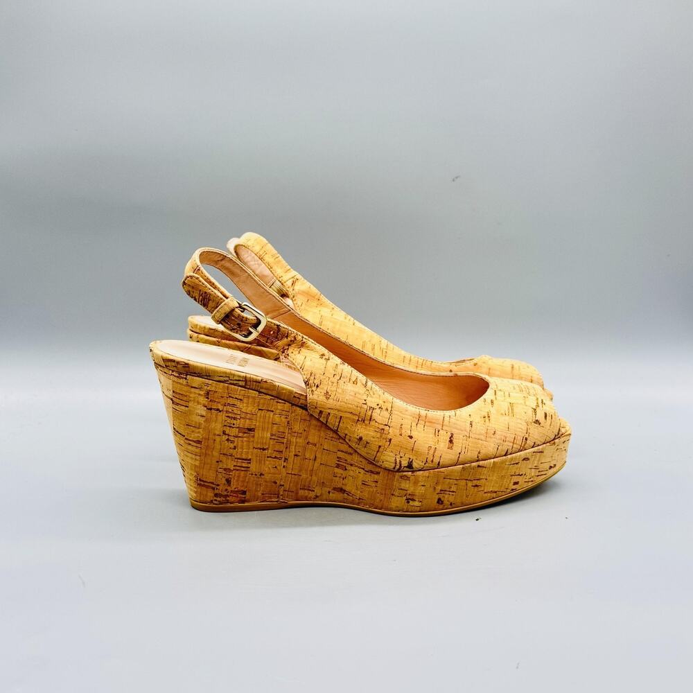Stuart Weitzman Sandals Womens 10 Beige Cork Slingback Wedge Peep Toe Shoes